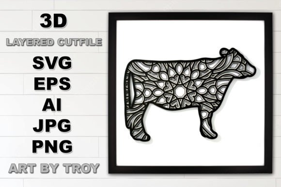 3D Cow Mandala Graphics for Crafts Branding