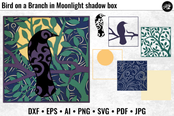 Bird on a Branch in Moonlight: 3D SVG & Shadow Boxes