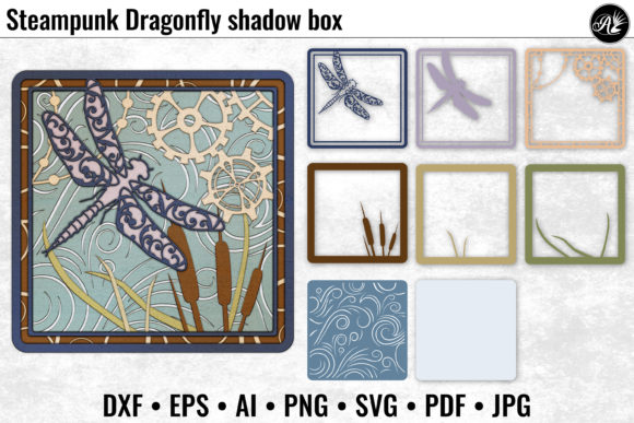 Steampunk Dragonfly and Cattails: 3D SVG Shadow Boxes